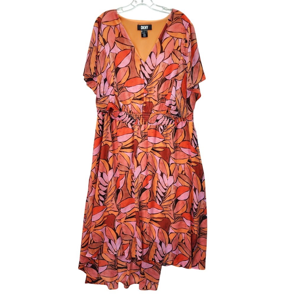 DKNY Dress Womens 18W Floral Print V Neck Short‎ Sleeve Midi Smocked Fit Flare